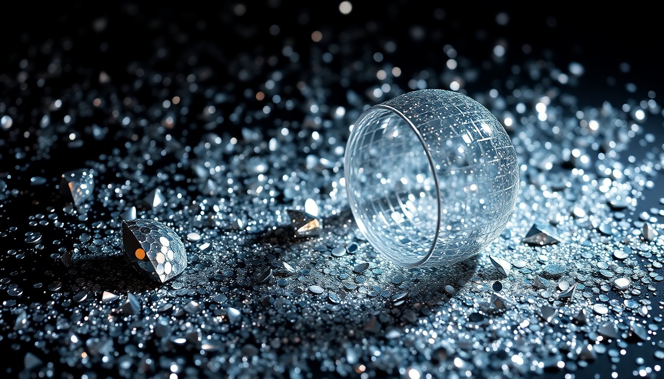 An extreme close-up of shimmering sequins and shattered glass, capturing the high-fashion, high-contrast aesthetic of celebrity culture.