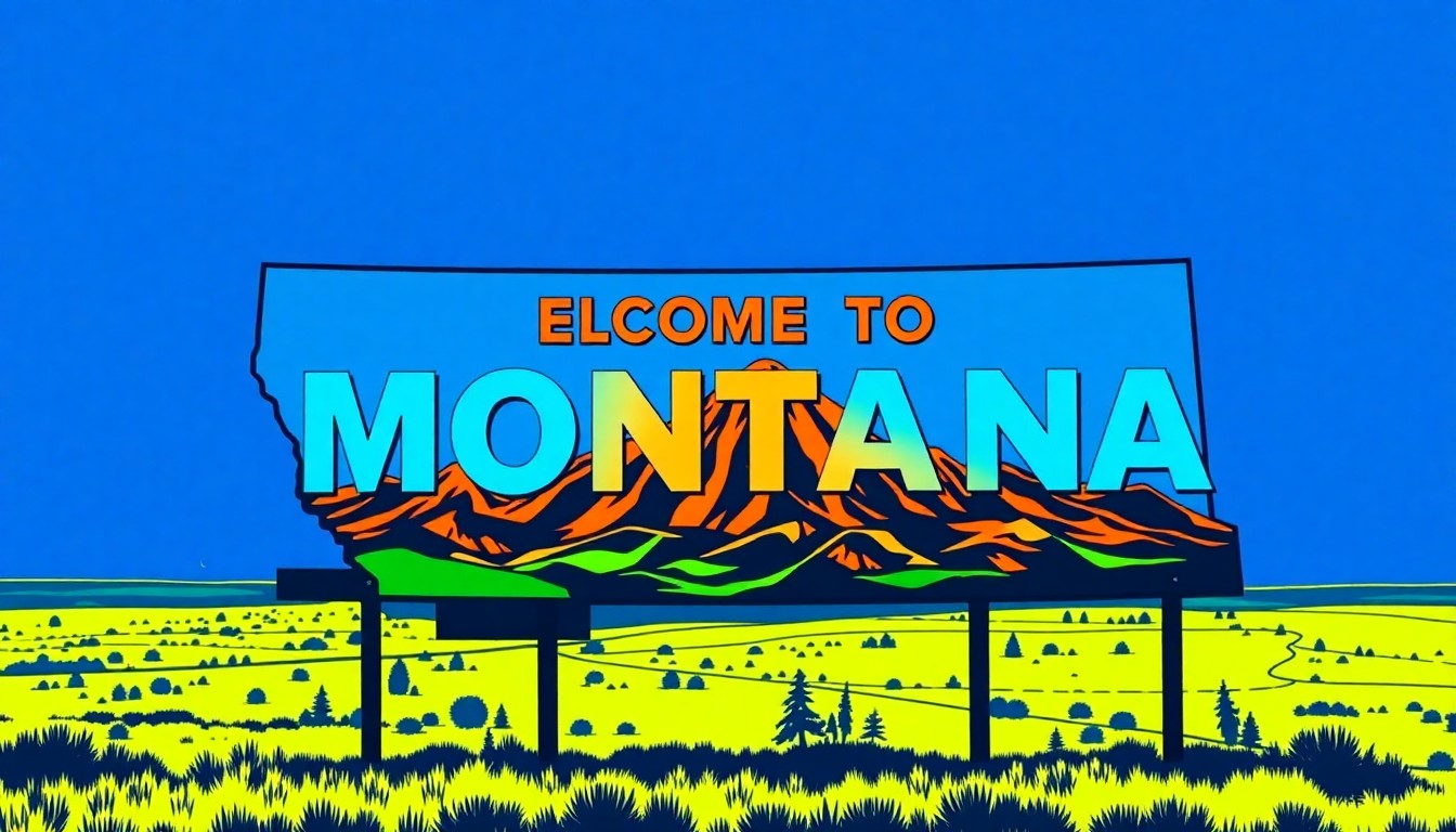A vibrant, abstract grid of stylized Montana state outlines and mountain/badlands landscapes in a pop art silkscreen style, capturing the energy and character of the state's new welcome signs.