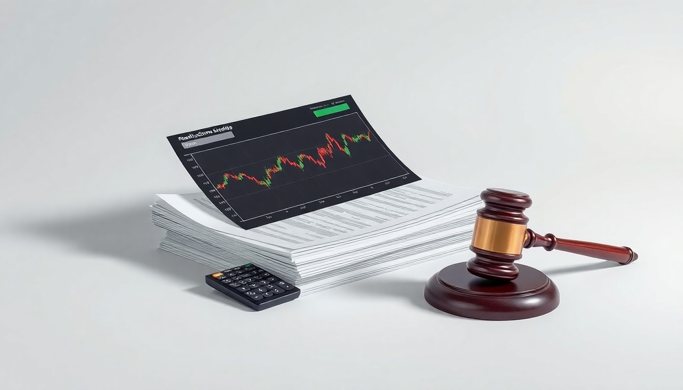 A high-end, photorealistic studio still-life photograph featuring a stack of stock trading documents, a calculator, and a gavel floating on a clean, monochromatic background, conceptually representing the abstract corporate strategy and legal proceedings surrounding the investigation into WANG & LEE GROUP.