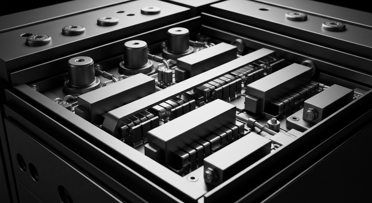 A dramatic, high-contrast black and white close-up of the intricate mechanical components and circuitry inside an energy storage battery, conveying the industrial complexity and engineering challenges involved in manufacturing these devices at scale.
