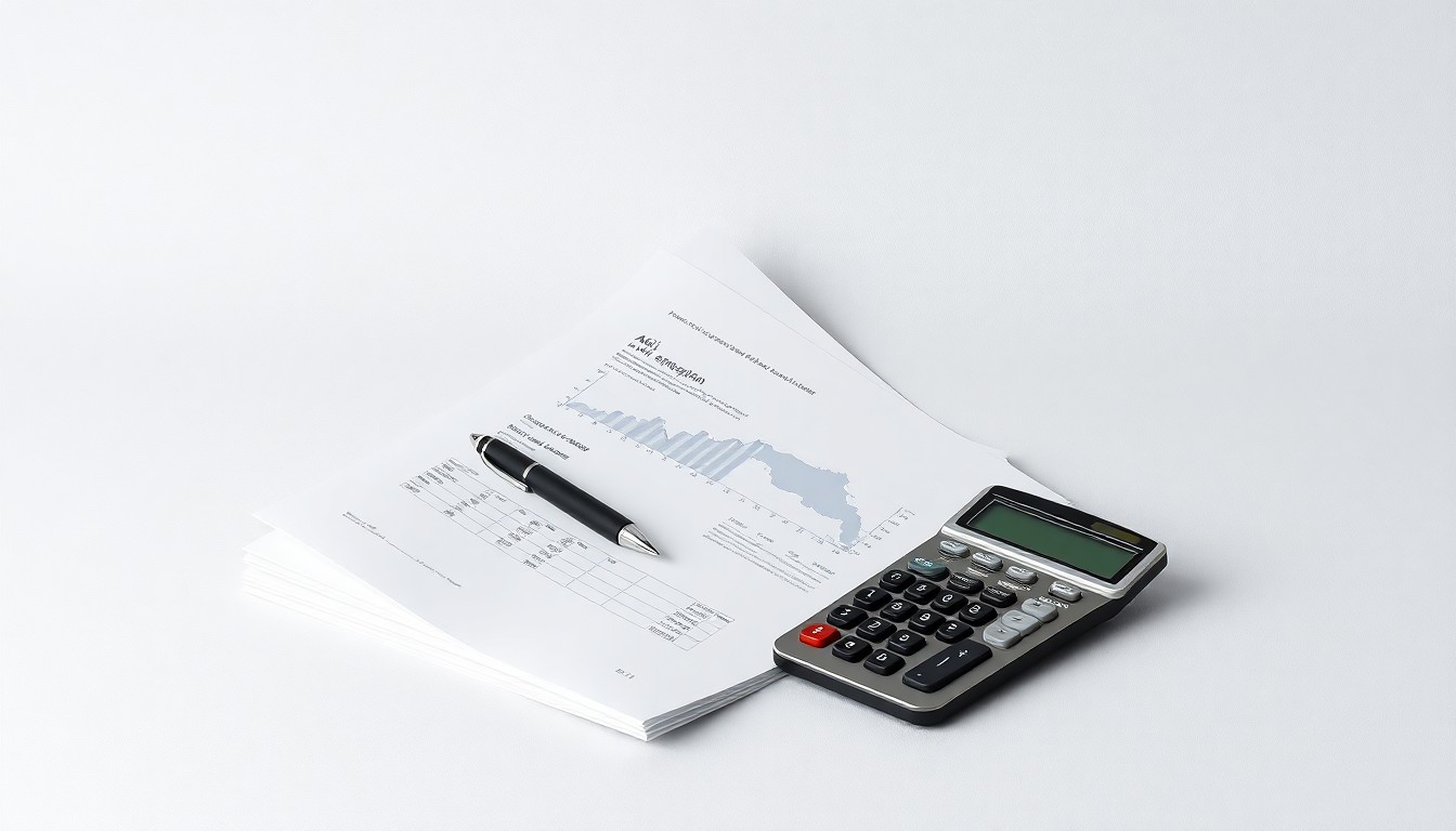 A minimalist studio still-life photograph featuring a stack of financial reports, a pen, and a calculator arranged on a clean, monochromatic background, conceptually representing the strategic leadership changes and growth initiatives at Ares Management in the Asia-Pacific region.