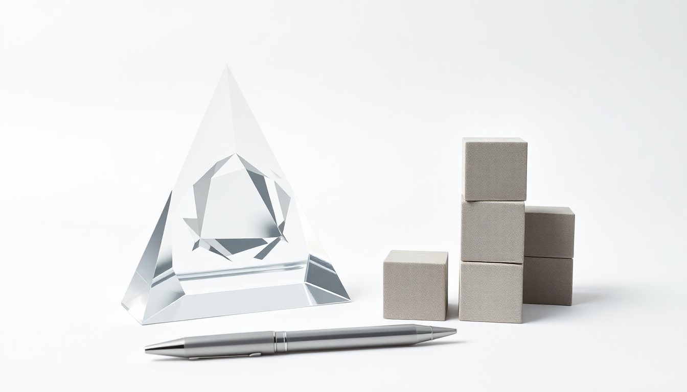 A minimalist studio still life featuring a glass paperweight, metal pen, and architectural building blocks arranged elegantly on a clean white background, symbolizing the leadership, strategy, and growth of a commercial real estate firm.