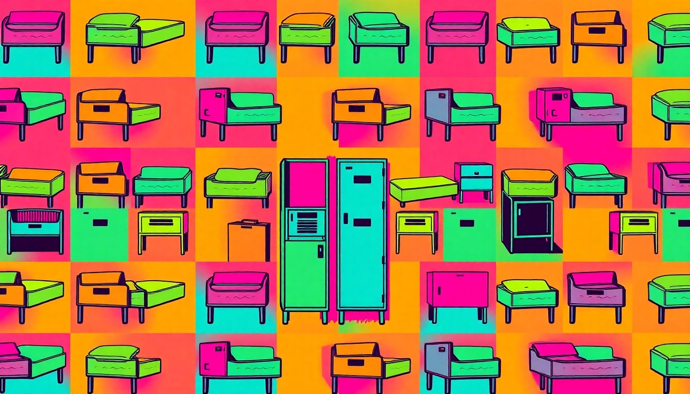 A bold, colorful silkscreen print featuring a repeated pattern of stylized shelter beds in neon shades of blue, green, and pink, conceptually representing the new Porchlight facility's efforts to create a modern, functional space for the homeless community.