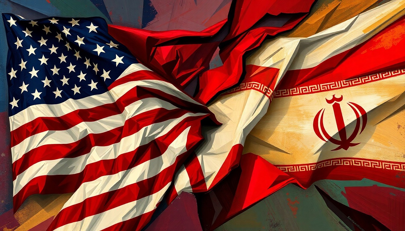 A vibrant, fractured painting of overlapping American and Iranian flags in a palette of reds, blues, and golds, conveying the chaotic and rapidly evolving nature of the geopolitical conflict.