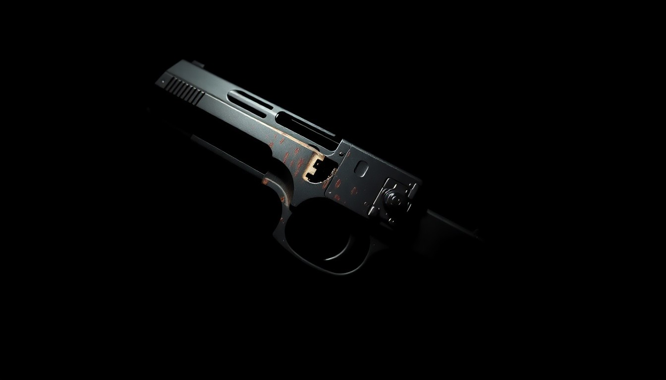 An extreme close-up photograph of a disassembled handgun component, such as a trigger mechanism or magazine, lit by a harsh, direct camera flash against a pitch-black background, conveying a stark, gritty, and investigative aesthetic without depicting any violence.