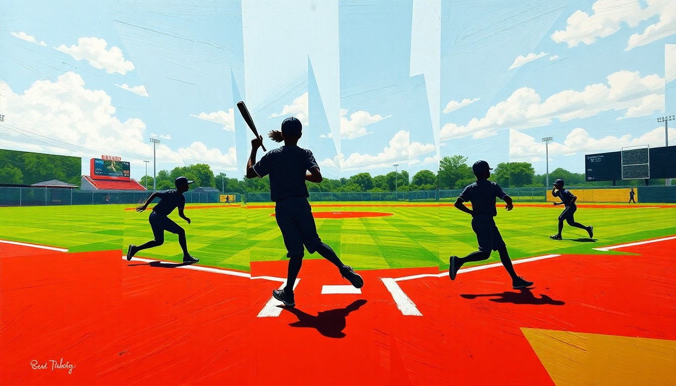 A cubist-style painting featuring overlapping geometric shapes and planes of color representing a high school softball game, conveying the dynamic motion and competitive spirit of the sport.