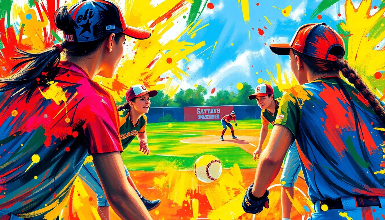 An abstract, expressionist painting in vibrant neon colors, capturing the raw energy and emotion of a high school softball game through sweeping brushstrokes and dissolving forms.
