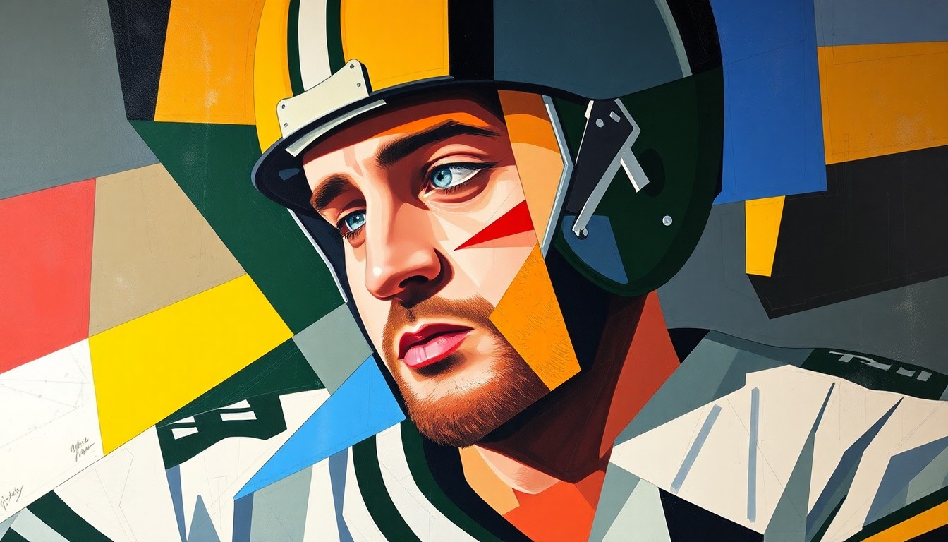 A fractured, multi-perspective painting in a cubist style, breaking down the Steelers' quarterback situation into sharp, overlapping geometric planes in shades of blue, gold, and black.