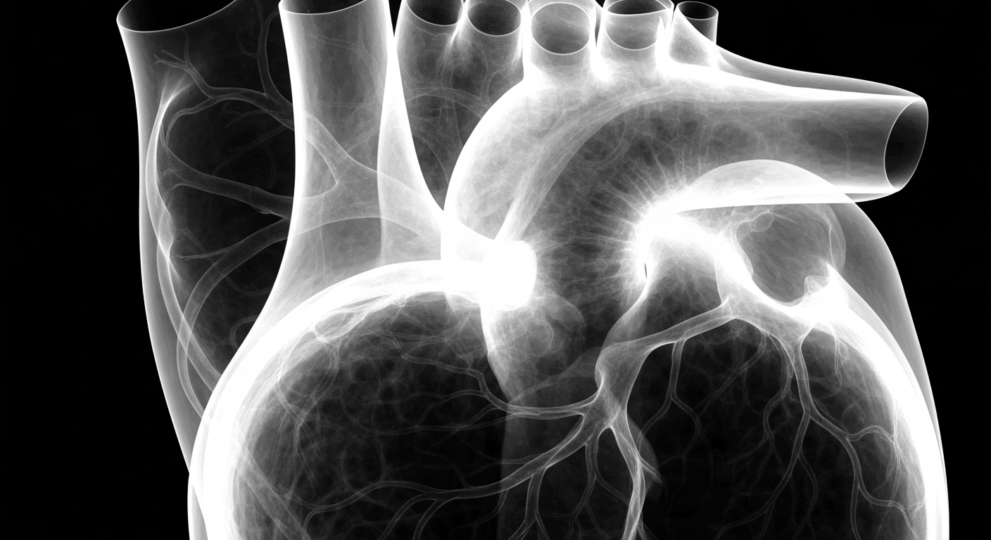 An extreme close-up X-ray image revealing the detailed internal structure of a human heart, conceptually representing the specialized cardiac care provided by SIH Memorial Hospital.