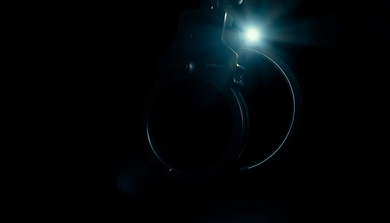 An extreme close-up of a police badge reflecting a harsh, direct flash of light, conveying a stark, gritty investigative mood around a dispute over an officer's firing.