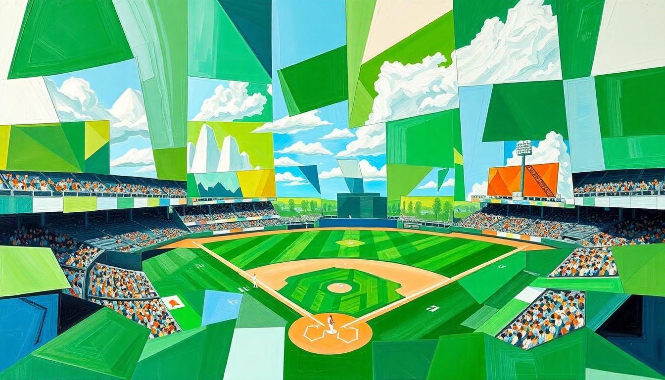 A cubist, geometric painting depicting a high school baseball game, with overlapping planes of bright green, blue, and white shapes representing the players, field, and action on the diamond.