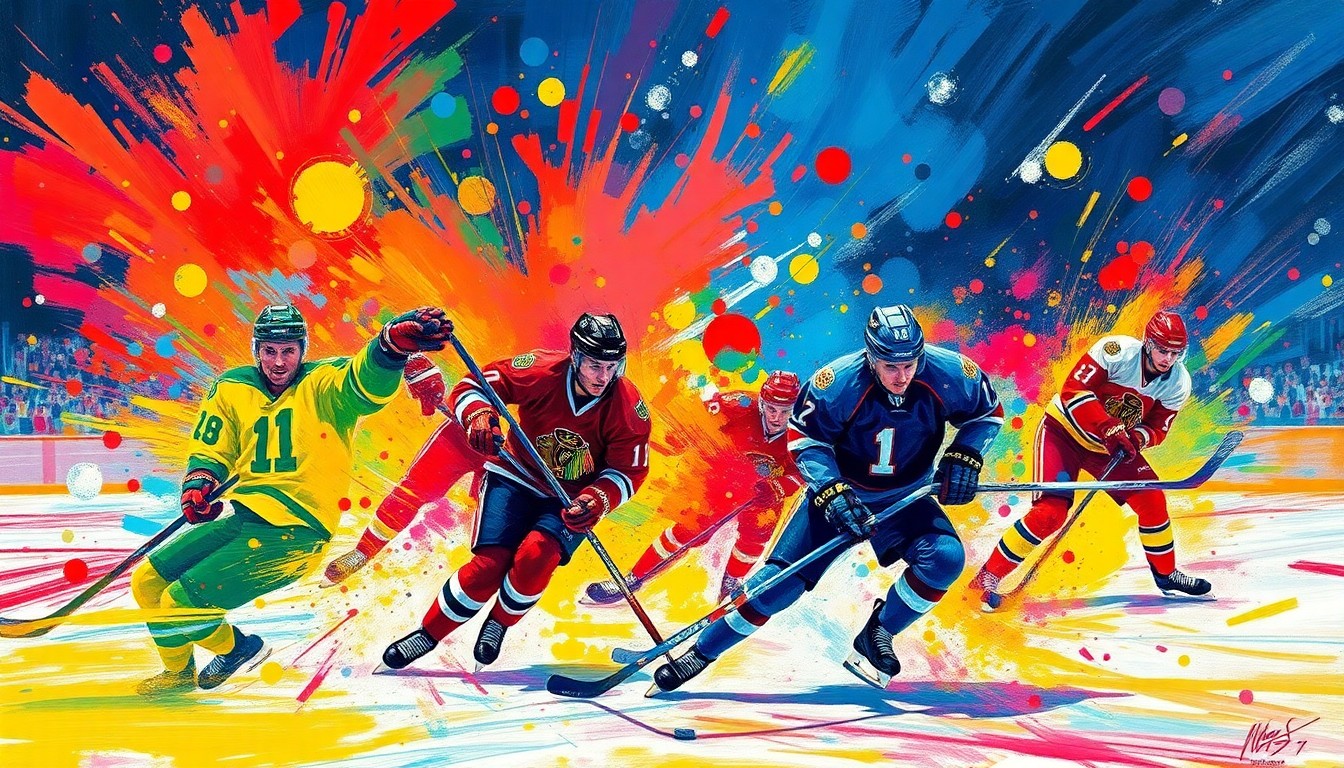 An abstract, energetic painting with bold brushstrokes and neon colors, capturing the dynamic movement and raw emotion of a hockey game.