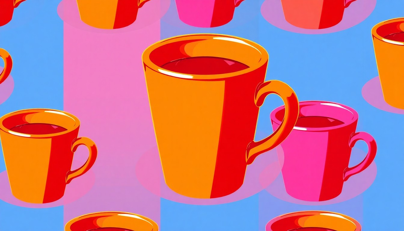 A highly stylized, brightly colored silkscreen print of a single restaurant plate or cup repeated in a grid pattern, conceptually representing the sustainable practices of a restaurant.