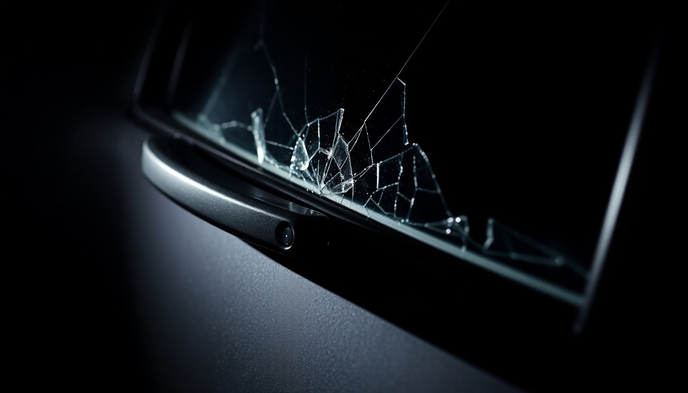 An extreme close-up photograph of a damaged car door handle, reflecting the harsh, direct lighting and stark, gritty aesthetic of Weegee's crime scene photography, conceptually illustrating the vehicle thefts at a county maintenance facility.