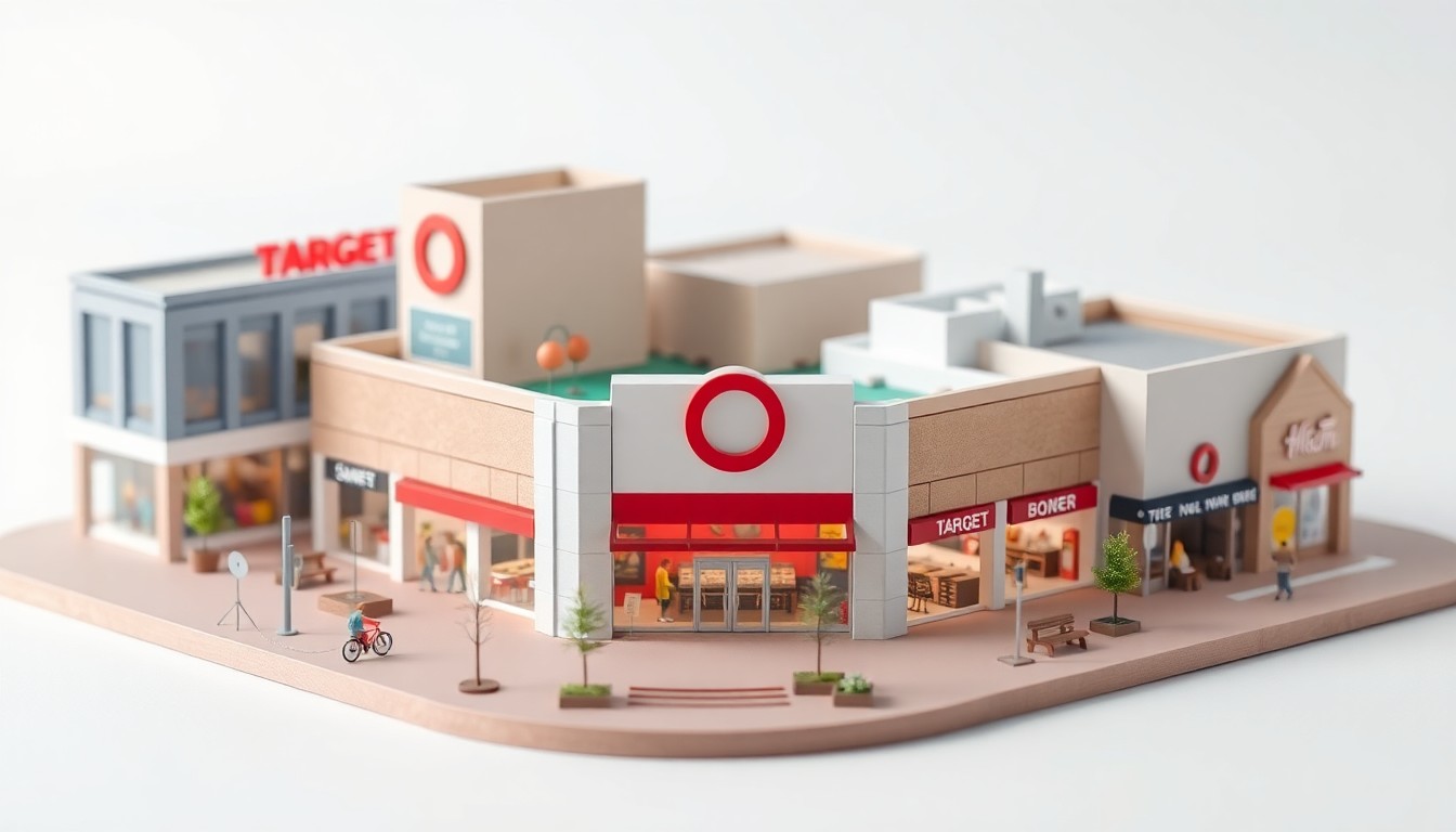 A highly detailed, isometric 3D digital illustration of a modern retail shopping center, featuring a central Target store surrounded by smaller shops and restaurants, all rendered in a clean, pastel color palette with soft studio lighting to capture the energy and vibrancy of a new commercial development.
