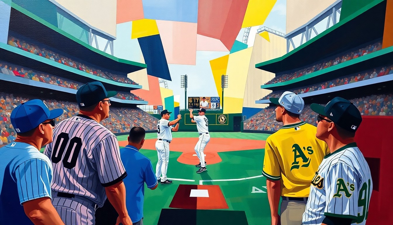 A cubist, geometric painting depicting the motion and energy of a ceremonial first pitch at a baseball game, with the players' uniforms and the stadium environment fragmented into sharp, overlapping planes of vibrant color.