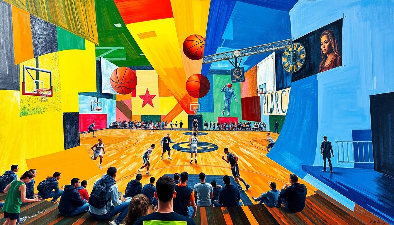 A cubist, geometric painting depicting a basketball game, with the players and court broken down into overlapping, angular shapes in a vibrant color palette, capturing the energy and movement of the sport.