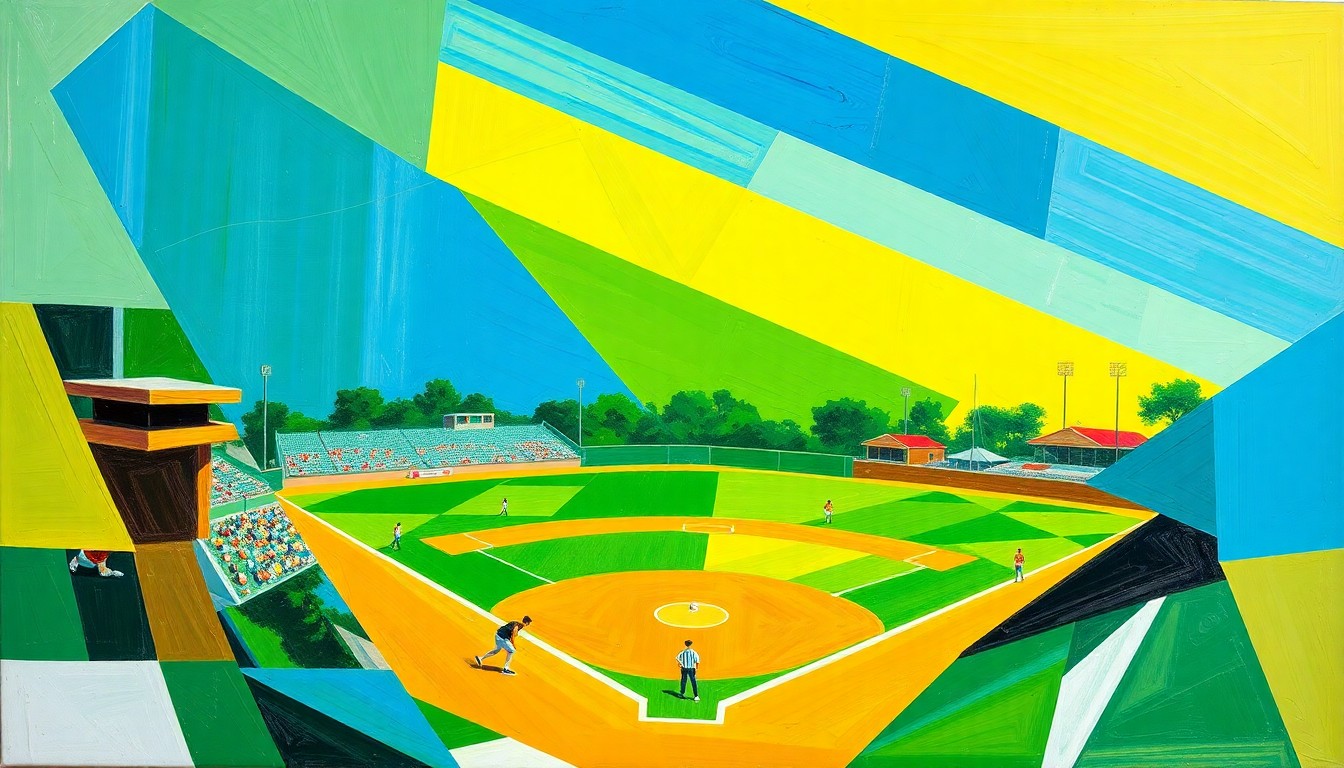 A fragmented, geometric painting in vibrant colors depicting the dynamic movements and overlapping perspectives of a high school softball game.