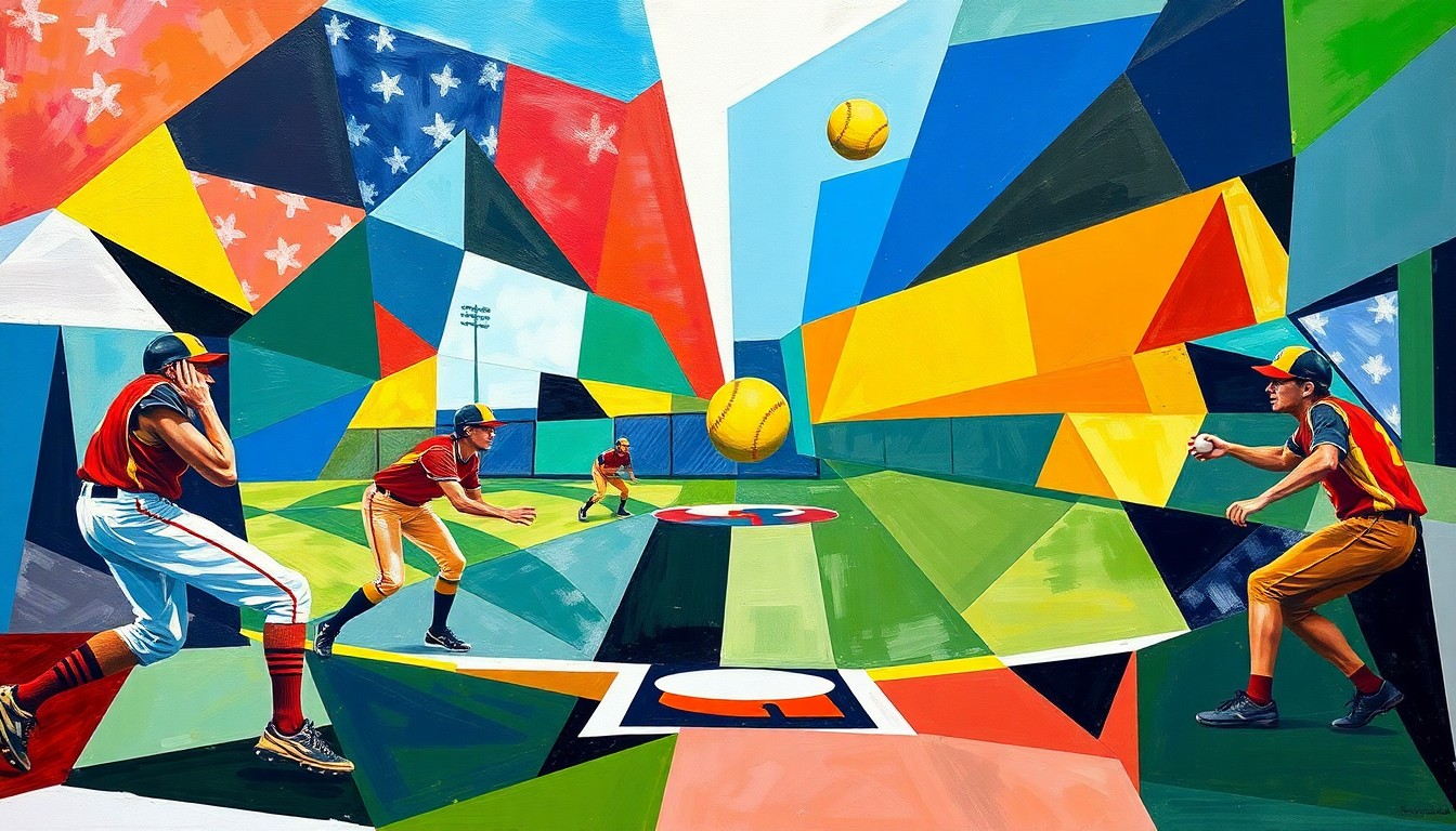 A vibrant, cubist-style painting depicting the dynamic movements and energy of a high school softball game, with the players and ball broken down into overlapping geometric shapes and planes of color.