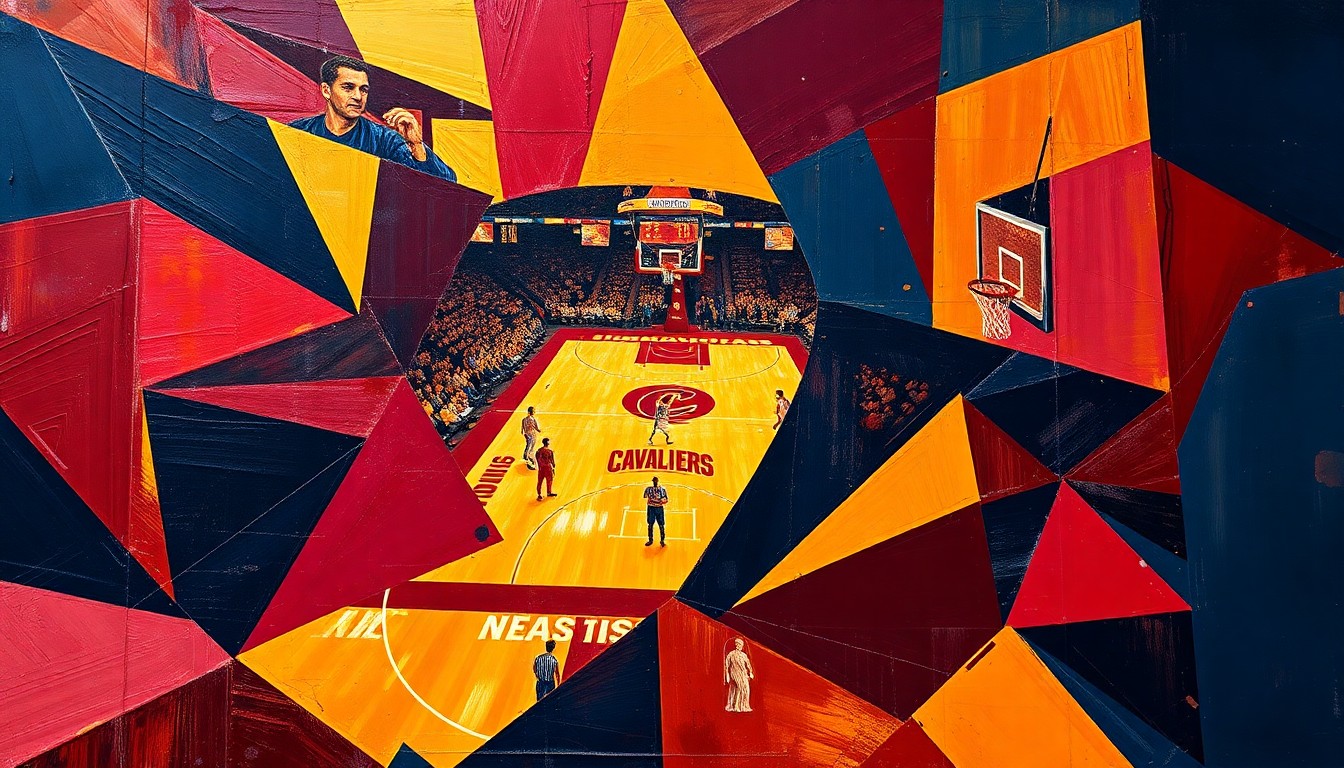A cubist, geometric painting depicting a Cavaliers basketball game, with sharp, overlapping planes of wine red, gold, and navy blue representing the dynamic action on the court.