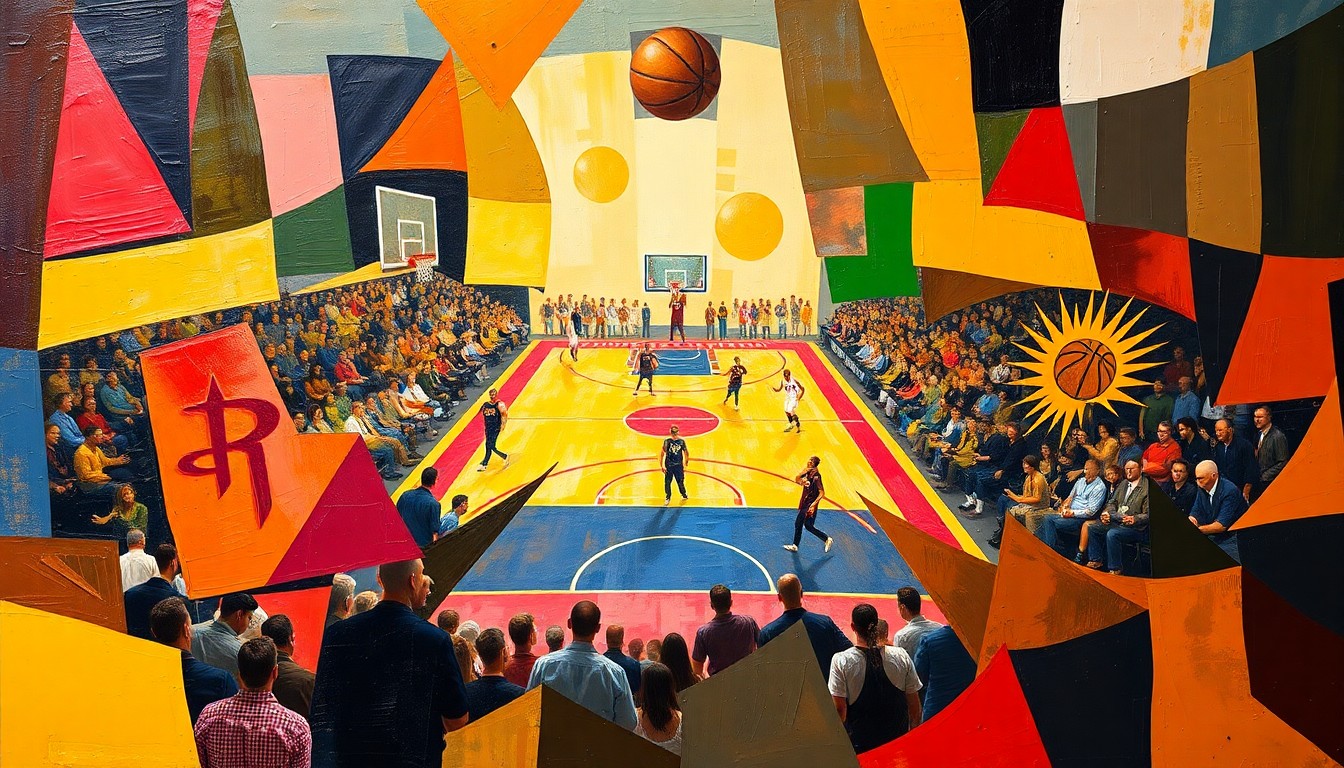 A fragmented, geometric painting in bold colors representing the action and intensity of a basketball game between two teams.