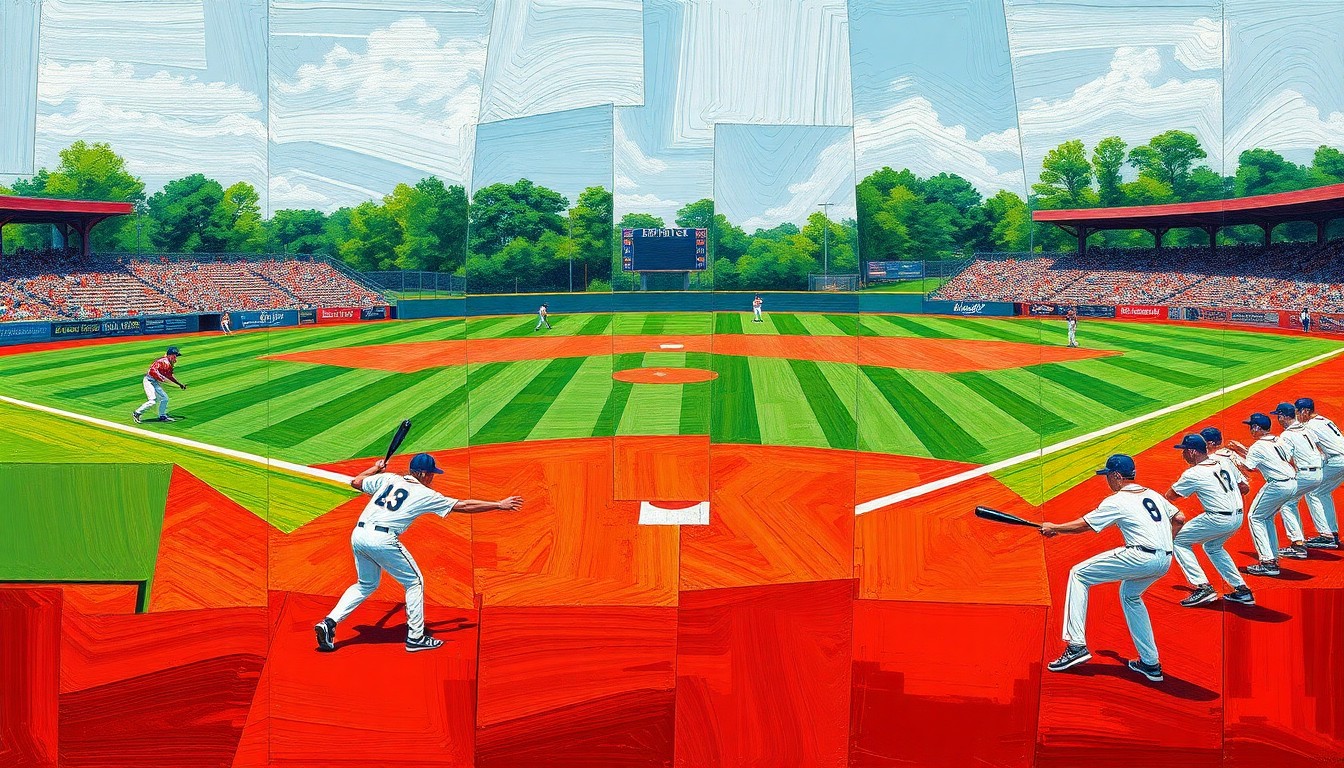 A fragmented, geometric painting depicting the chaotic action of a high school baseball game, with overlapping planes of green, red, and white representing the field, players, and uniforms.