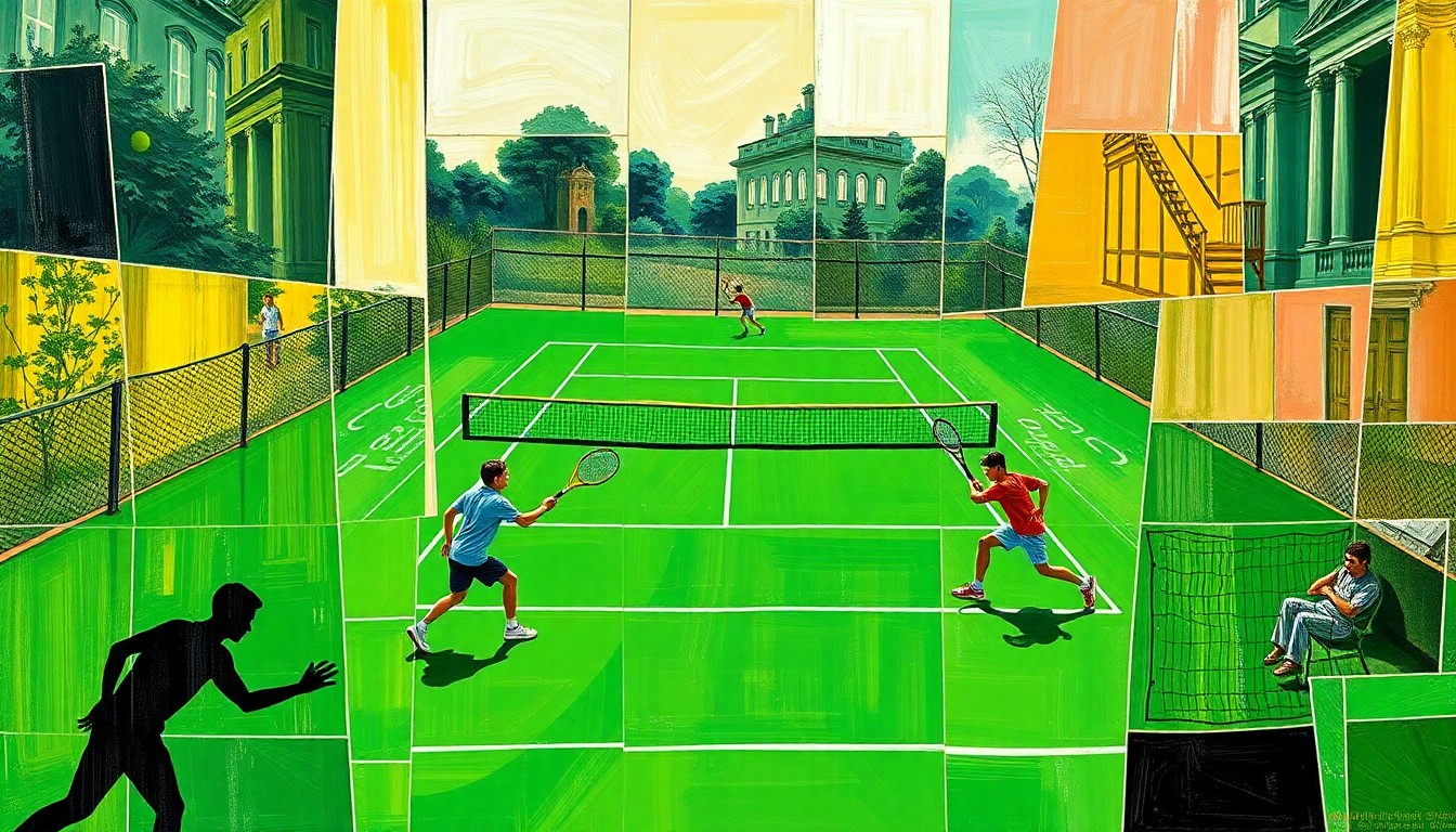 A fractured, geometric painting depicting a boys' tennis match, with overlapping planes of bright green courts, yellow balls, and silhouetted players in motion, conveying the dynamic action of the sport.