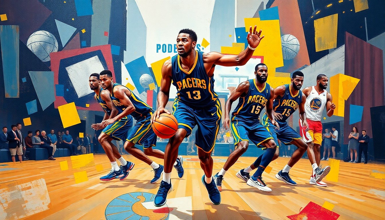 A fractured, cubist-style painting depicting Tyrese Haliburton's basketball movements and recovery process, with sharp geometric planes in the Pacers' blue and gold colors, conceptually representing the star player's progress towards a comeback.