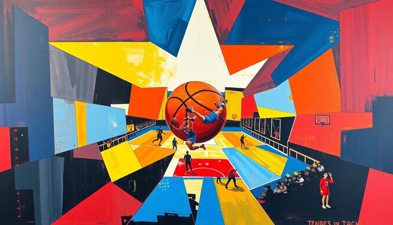 A fractured, multi-perspective painting in bold colors, breaking down a basketball game or competition into sharp, overlapping geometric shapes and planes.