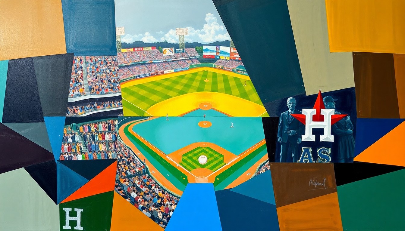 A fragmented, geometric painting depicting a baseball game between the Colorado Rockies and Houston Astros, with players and the field broken down into sharp, overlapping shapes and planes of color.