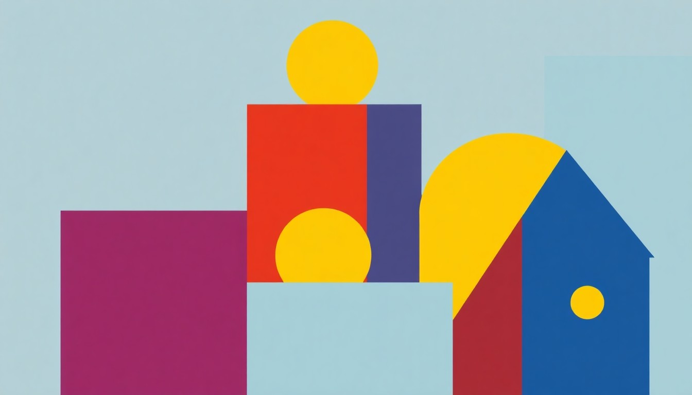 An abstract composition of overlapping triangles and rectangles in shades of blue, green, and orange, conceptually representing the interlocking elements of a community energy aggregation program.