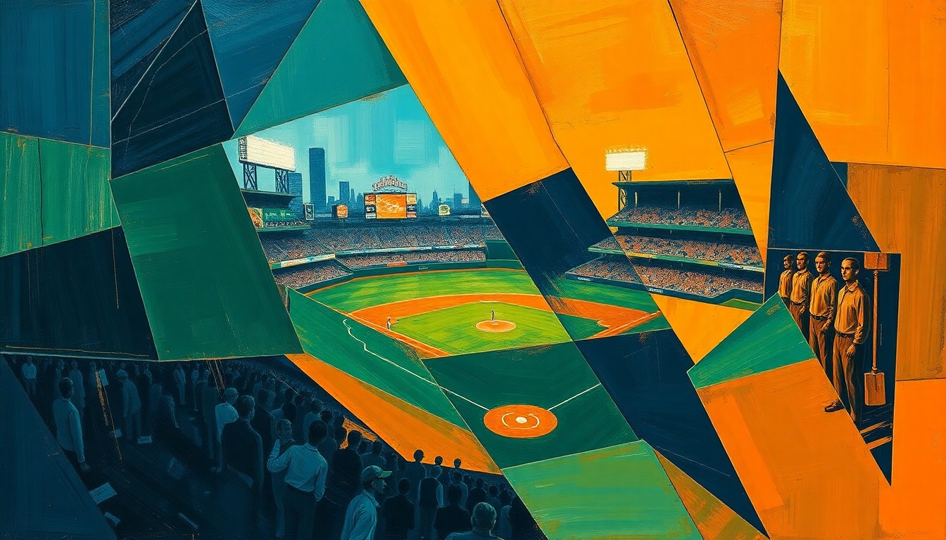 A cubist, geometric painting depicting a fragmented baseball game, with overlapping planes of navy, green, and orange shapes representing the action on the field.