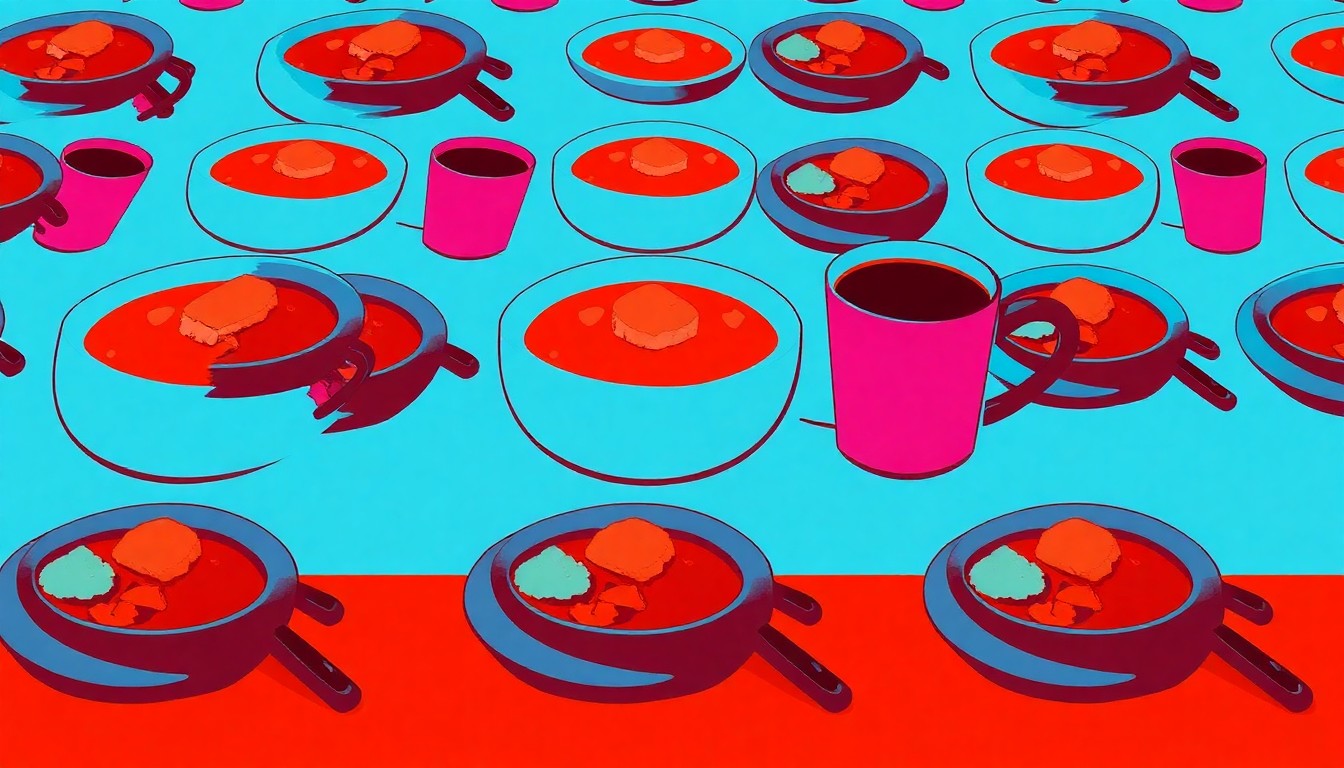 A highly stylized, abstract grid of brightly colored, silkscreen-style illustrations depicting various meal items like plates of food, cups, and bowls, conceptually representing the communal spirit of a free weekly meal program.