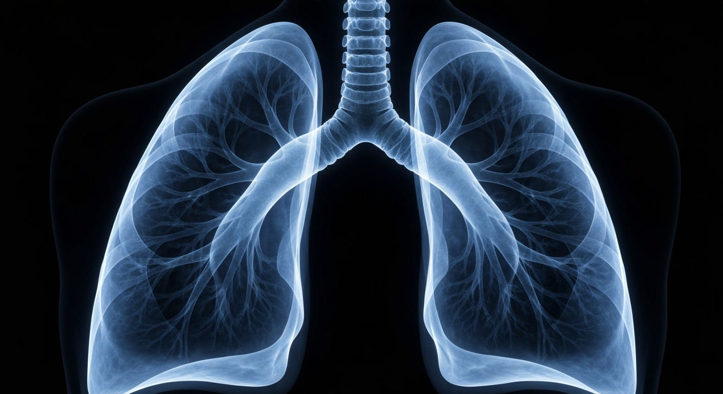 A translucent, ghostly X-ray image of a pair of human lungs, glowing with a soft, blue-tinged light against a dark background, conceptually representing the fragility and resilience of the human body.