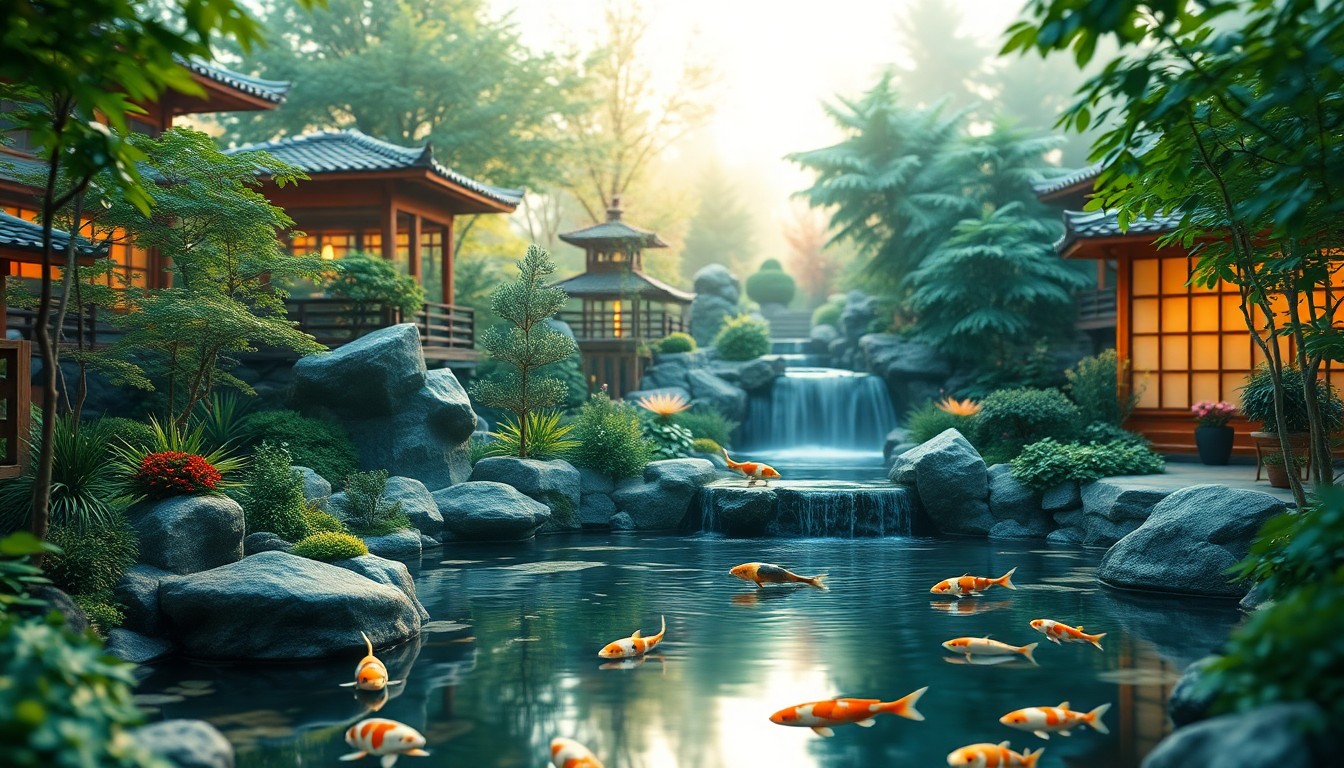 An extremely abstracted, out-of-focus photograph of a lush, Japanese-inspired garden with a koi pond, cascading waterfall, and verdant foliage, captured in soft pools of warm light and color, conveying a sense of serene, natural beauty.