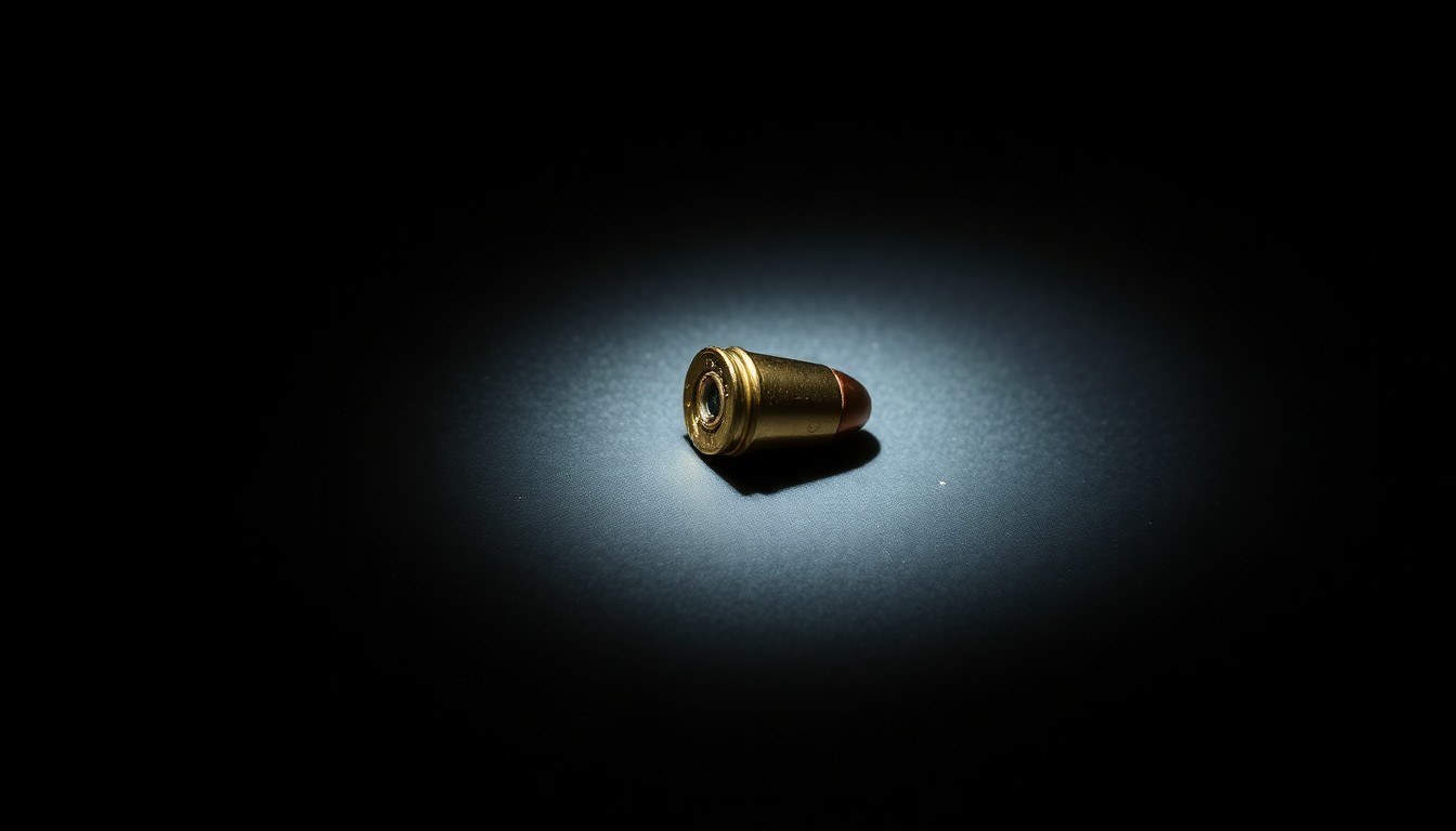 An extreme close-up photograph of a single bullet casing or shell fragment on a dark surface, lit by a harsh direct camera flash, conceptually illustrating the physical evidence of a shooting incident.