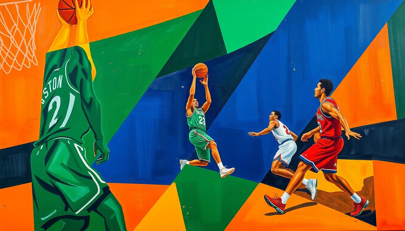 A fractured, multi-perspective painting featuring sharp, overlapping geometric shapes in deep green, navy blue, and bright orange, conceptually representing the high-stakes late-season basketball matchup between the Boston Celtics and New York Knicks.