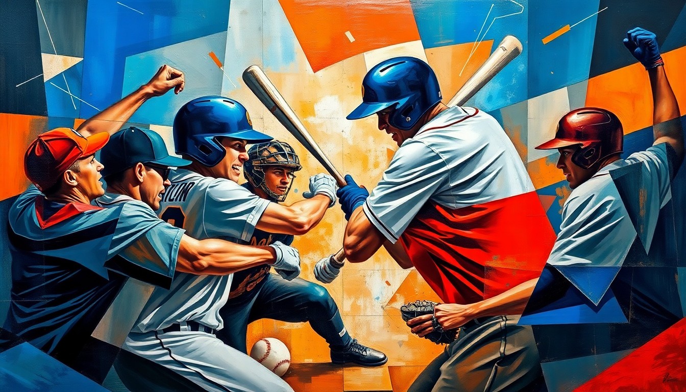 A fragmented, geometric painting depicting the violent clash between two baseball players, their bodies and equipment broken down into sharp, overlapping planes of bold color.