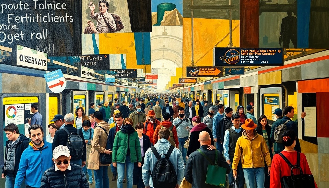 A fragmented, cubist-style painting depicting the chaotic scene of a crowded train station, with commuters, trains, and signage broken down into sharp, overlapping geometric shapes and planes.