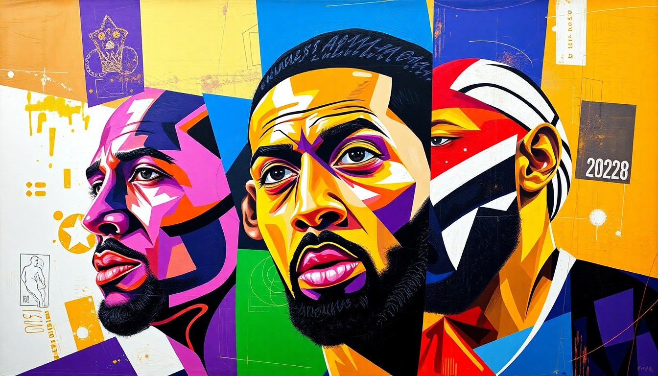 A fractured, geometric painting depicting overlapping basketball court scenes and player silhouettes in a variety of vibrant colors, conceptually representing the ups and downs of Anthony Davis' professional career.