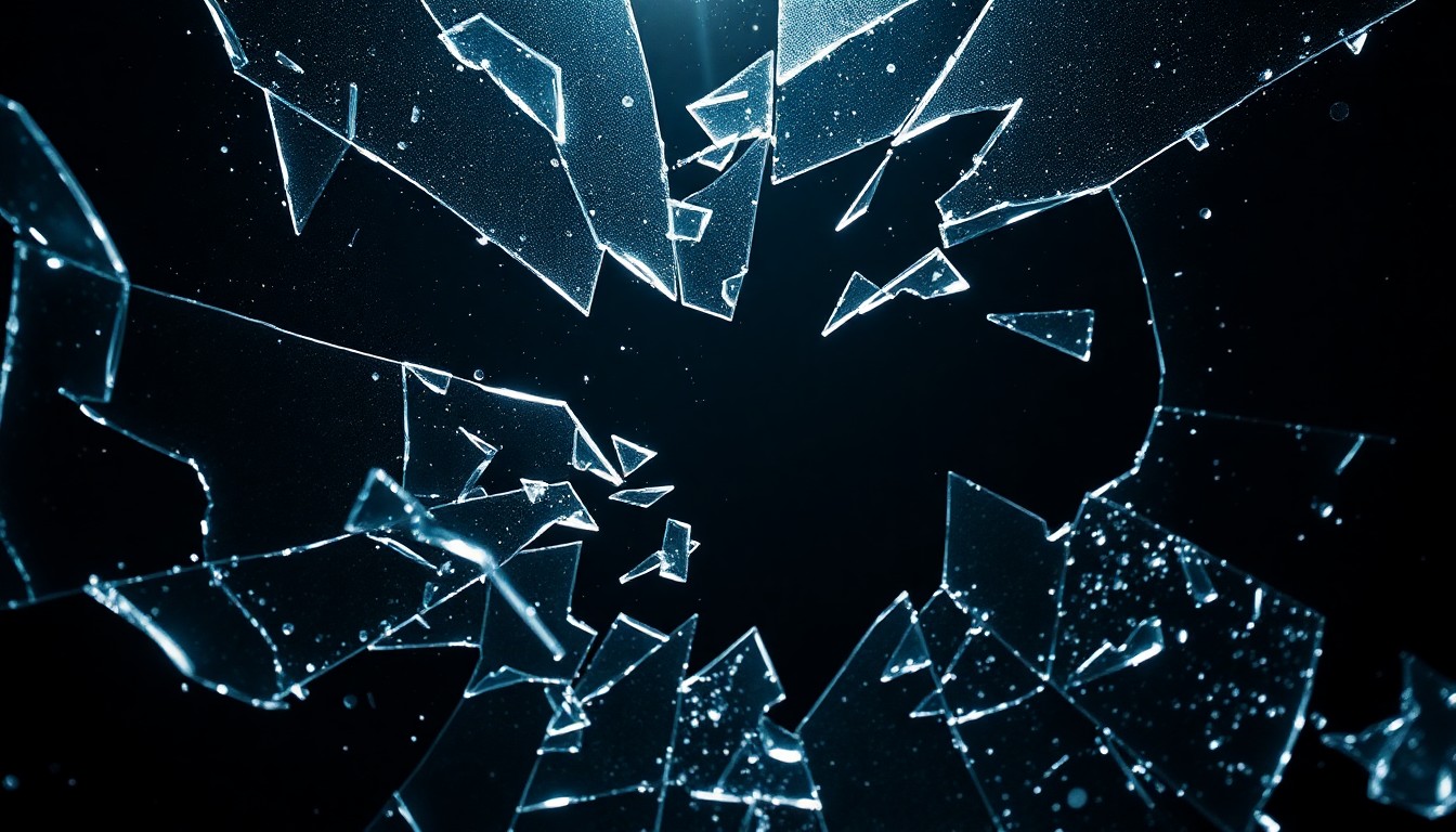 An extreme close-up of shattered glass reflecting dramatic, high-contrast studio lighting, conceptually representing the fragmented personal life of a celebrity.
