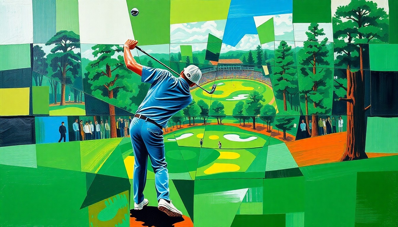 A cubist, geometric painting depicting a golfer's swing and the Masters Tournament grounds, with sharp, overlapping planes of color representing the energy and excitement of the event.