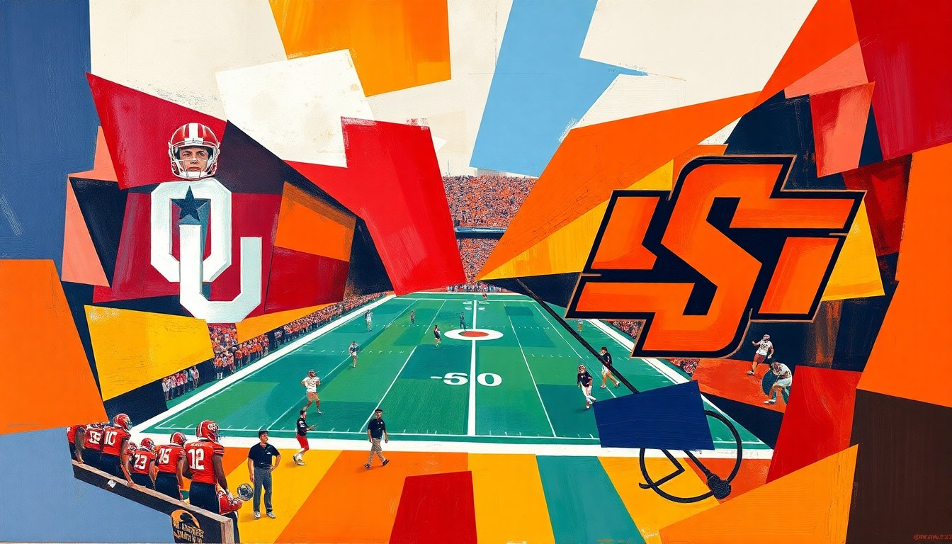 A cubist, fragmented painting depicting the action and energy of a college football game, with the players and field broken down into sharp, overlapping geometric shapes in a vibrant color palette.