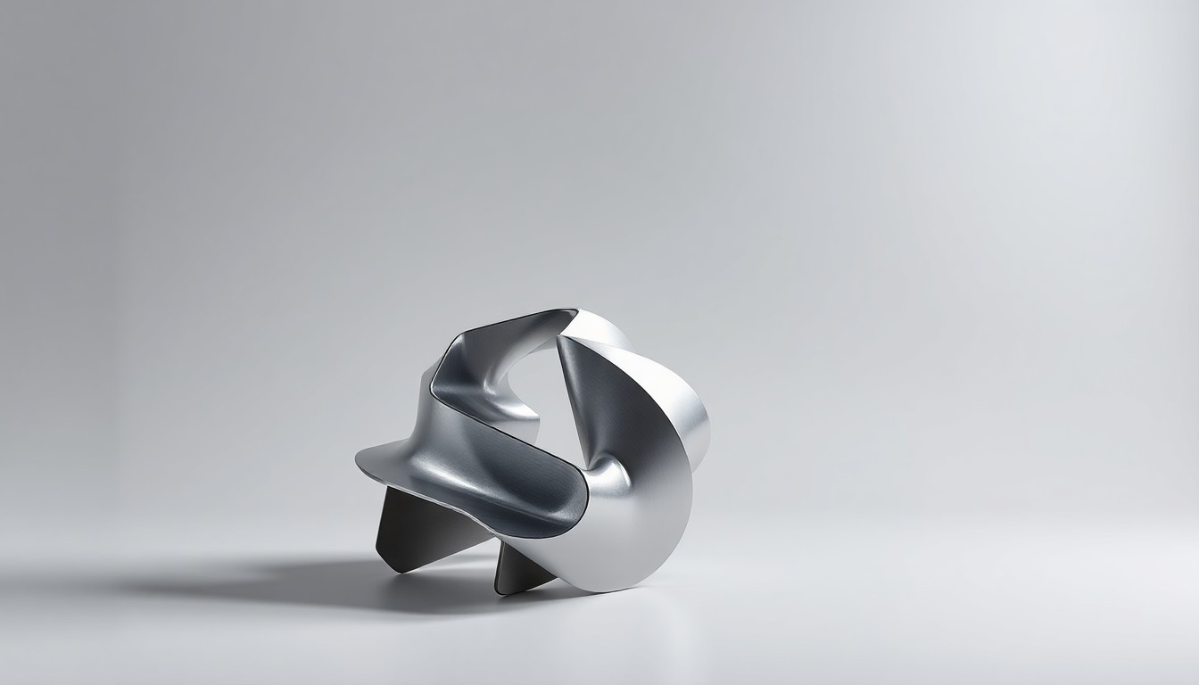 A minimalist, high-contrast studio photograph of a polished, geometric metal sculpture in the shape of a wind turbine blade, conveying the advanced engineering and technology behind Boulder Imaging's solutions for the renewable energy industry.