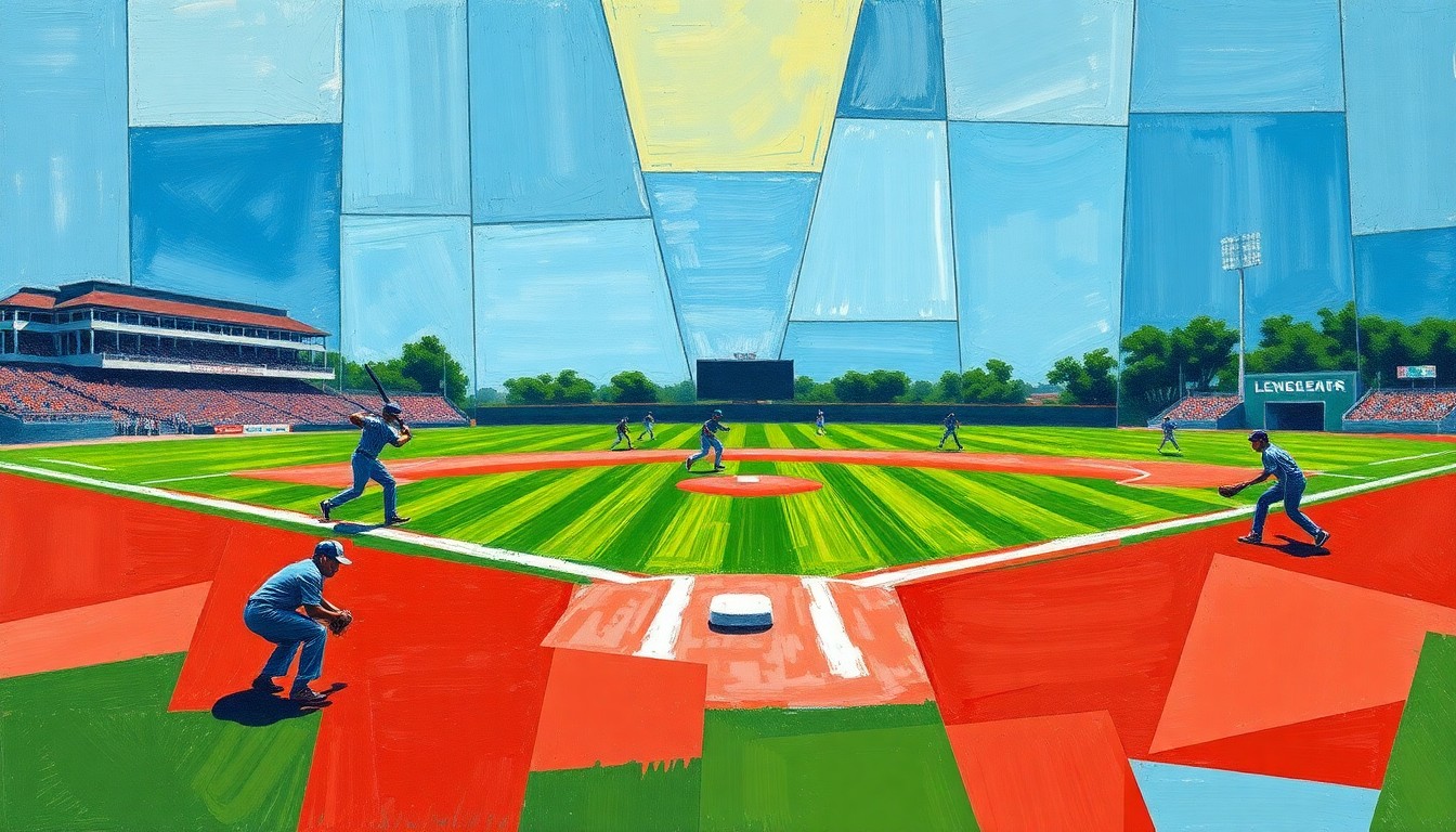 A cubist, geometric painting depicting the action and energy of a high school baseball game, with overlapping planes of green, red, and player silhouettes, capturing the competitive spirit of the matchup.
