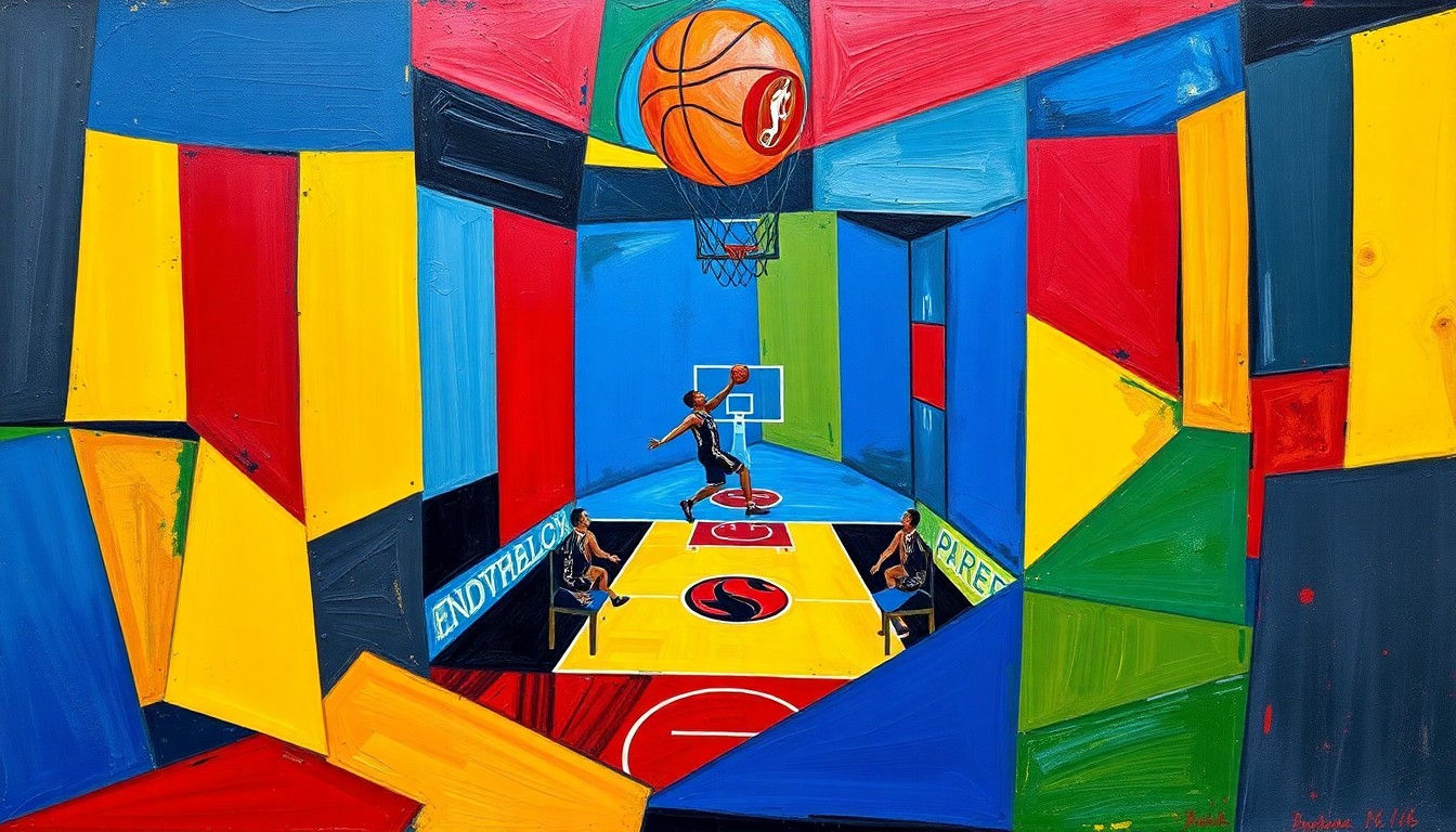 A cubist, geometric painting depicting a basketball game in motion, with the players and ball broken down into overlapping, angular shapes in a vibrant color palette, capturing the energy and skill of the sport.