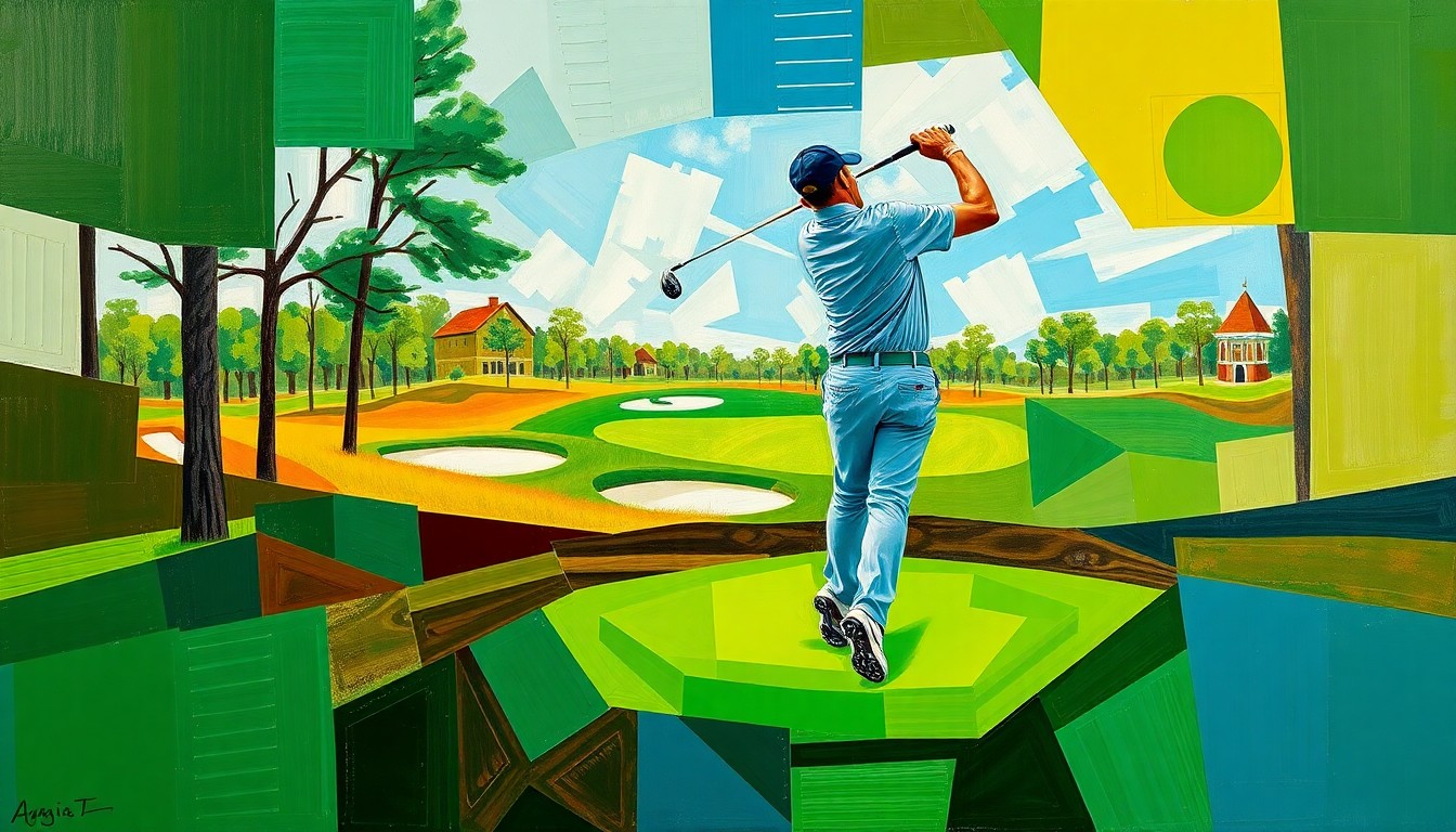 A cubist, geometric painting depicting a golfer's swing and the Augusta National course broken down into sharp, overlapping planes of color, capturing the challenging conditions expected at the 90th Masters Tournament.