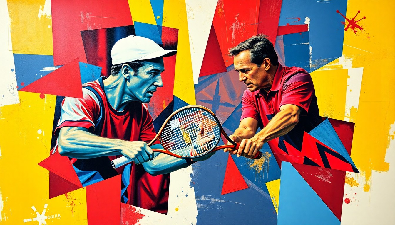 A cubist, geometric painting depicting a tennis match or competition between Carlos Alcaraz and Tommy Paul, with sharp, overlapping planes of vibrant red, blue, and yellow colors.