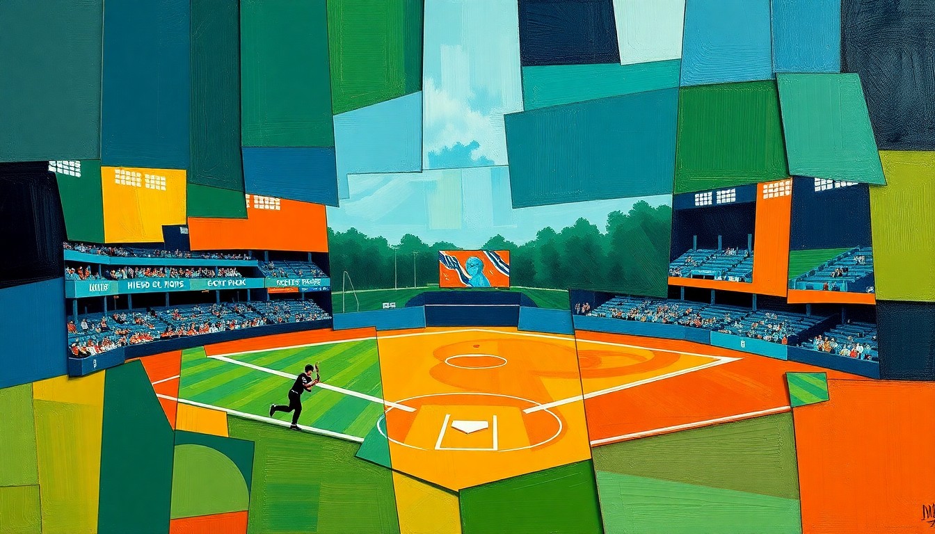 A fragmented, geometric painting depicting a high school sports game, with overlapping planes of navy, green, and orange hues creating a dynamic, abstract composition.