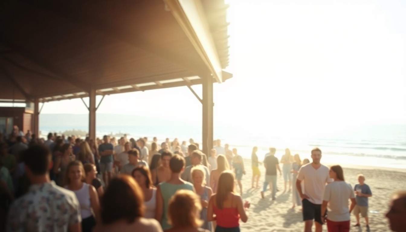 An abstract, out-of-focus photograph of a crowd gathered at a beachfront pavilion, with the ocean and sky visible in the background, conveying a sense of community and compassion.